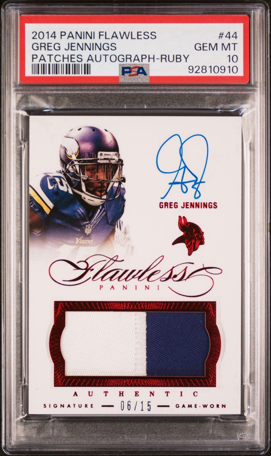 2014 Panini Flawless Patches Auto Greg Jennings Ruby /15 PSA 10 POP 1 GAME WORN view 1