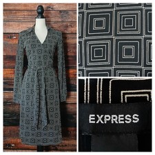 Express Wrap Dress Size 5 6 Black White Squares Belted Long Sleeve Collared