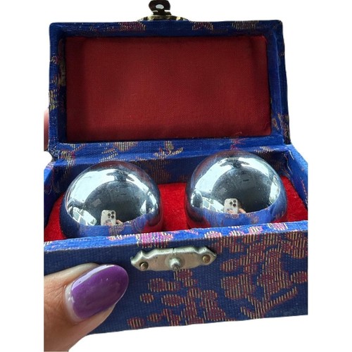 Chinese Baoding Meditation Balls in Silver with Blue Silk Case
