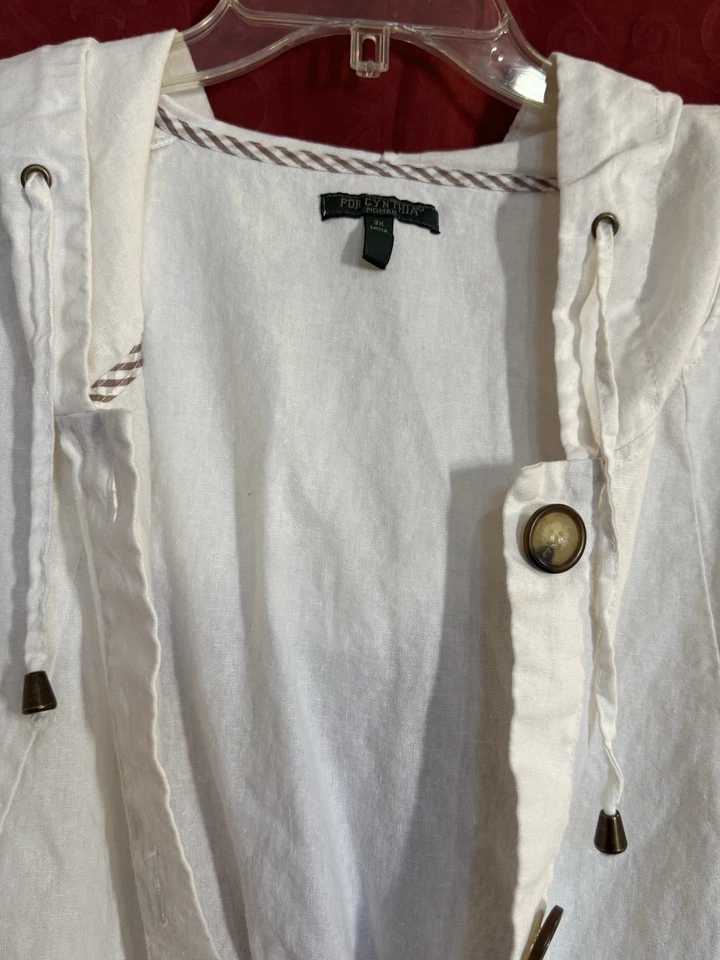 For Cynthia Woman 3X Linen Cotton Hooded Button Jacket White Roll Tab Casual - Image 3 of 4