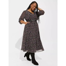 Torrid Tea Length Chiffon Front Tie Dress Black Pink Floral 3/4 Sleeve Sz 3X