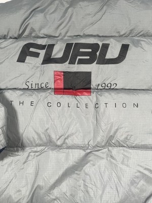 FUBU Jacket Mens XL Gray Navy Reversible Down Puffer Full Zip Logo