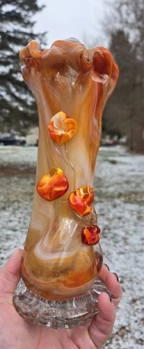 Vintage 9in Tangerine & Cream Cadmium Murano Art Glass Hand Blown Vase GLOWS