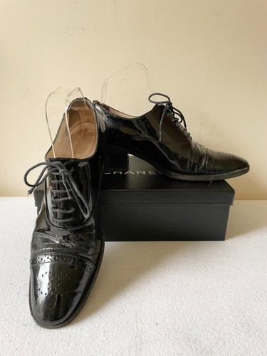 CHANEL BLACK PATENT LEATHER LACE UP 