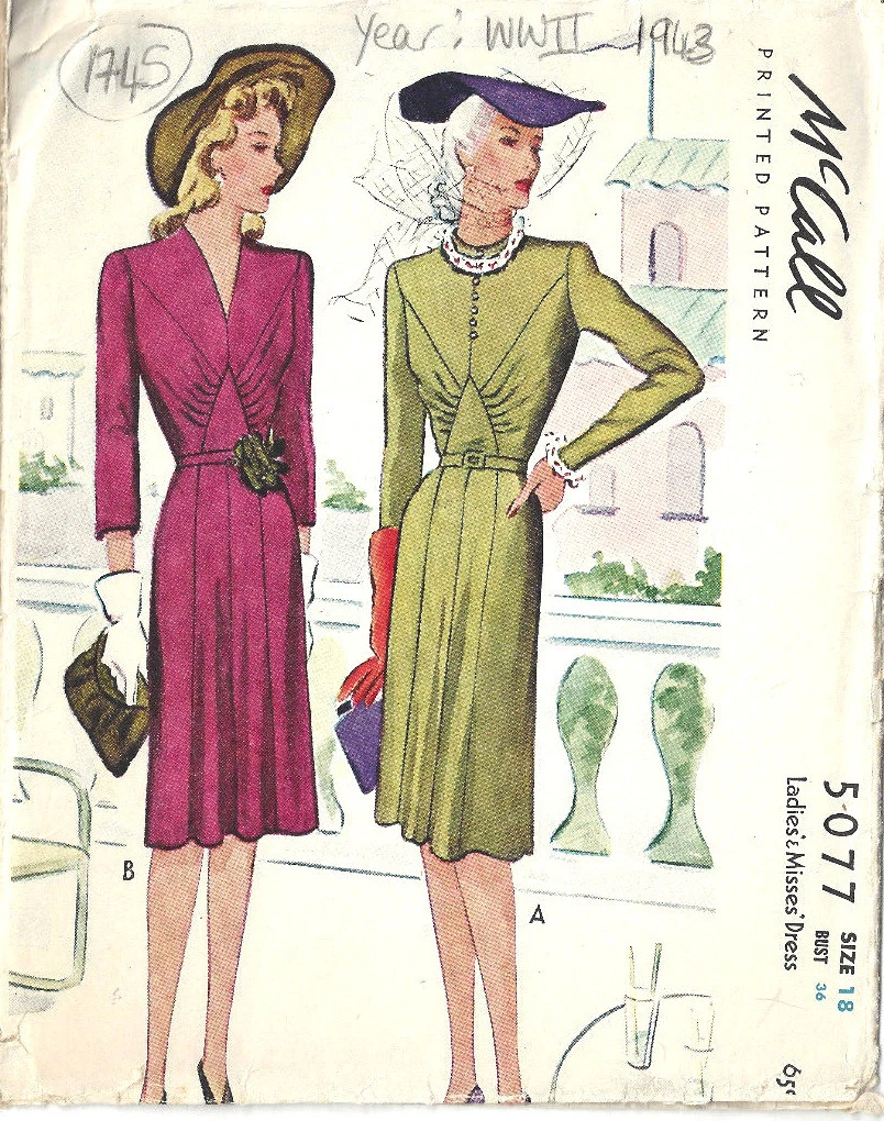 1943 WW2 Vintage Sewing Pattern B36" DRESS (1745)