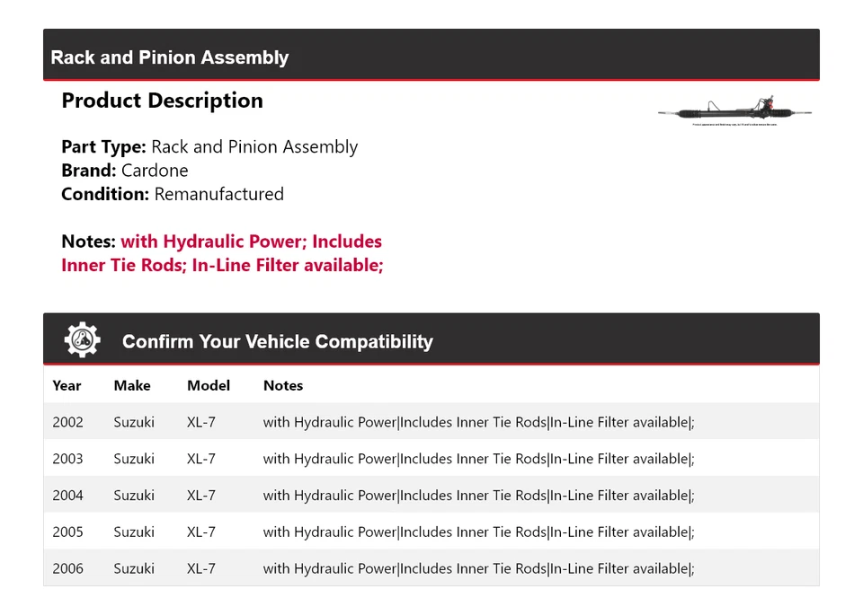 Conjunto de piñón y cremallera Cardone 2003 2004 2005 para Suzuki XL-7 2002-2006 Foto 2 de 4