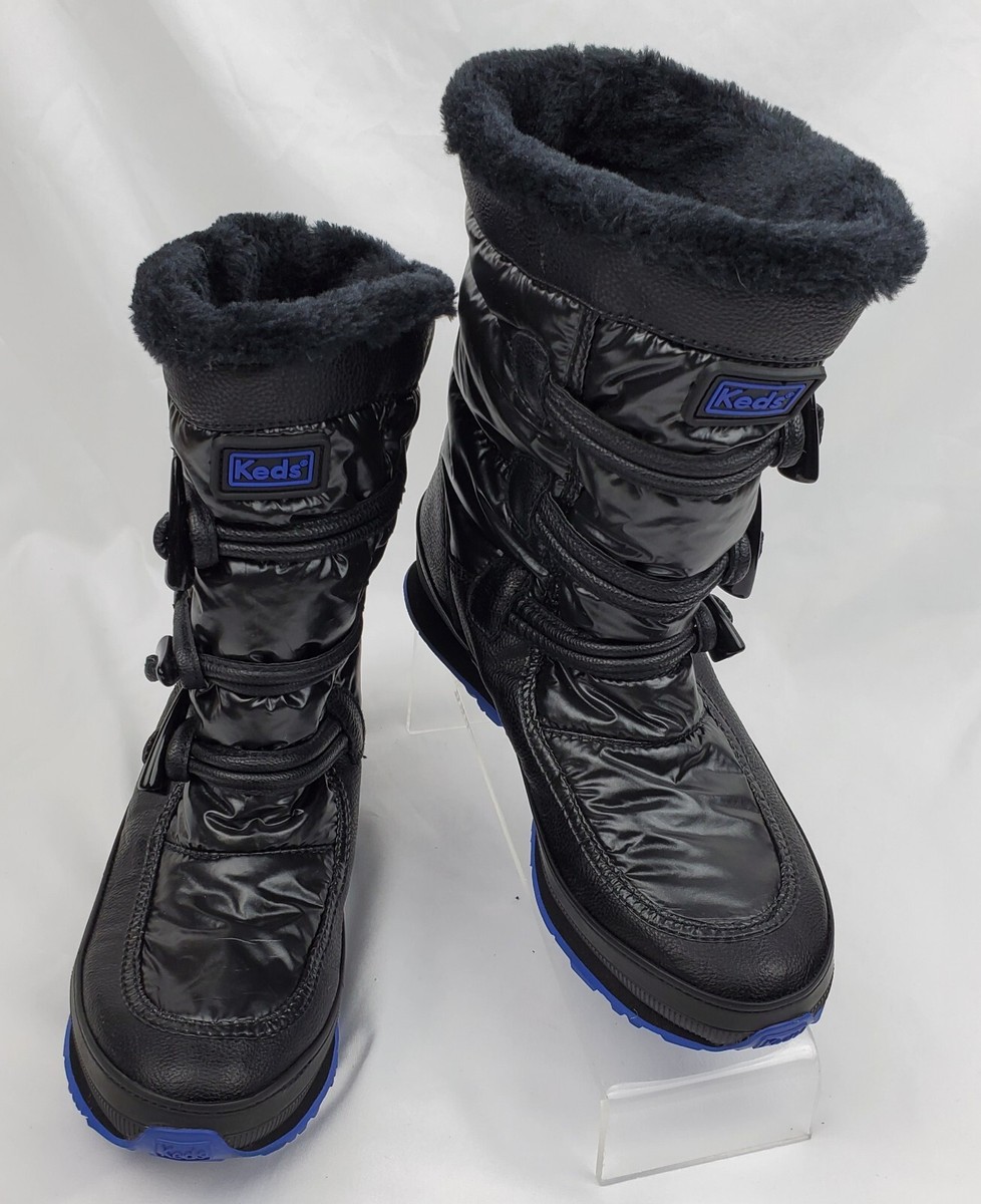 EUC Keds Black Shiny Synthetic Faux Fur Hook \u0026 Eye Tall Snow Boots Women's  Sz 7M | eBay