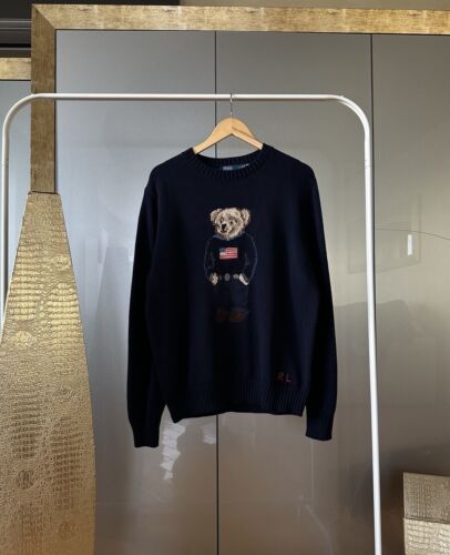 Polo Ralph Lauren Wool American Flag Denim Polo Bear Navy Sweater Size L