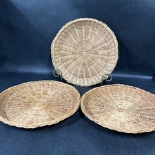 VTG Lot Of 3 Wicker Baskets Circle Trays Plate Holders Wall Decor Kitchen 10"