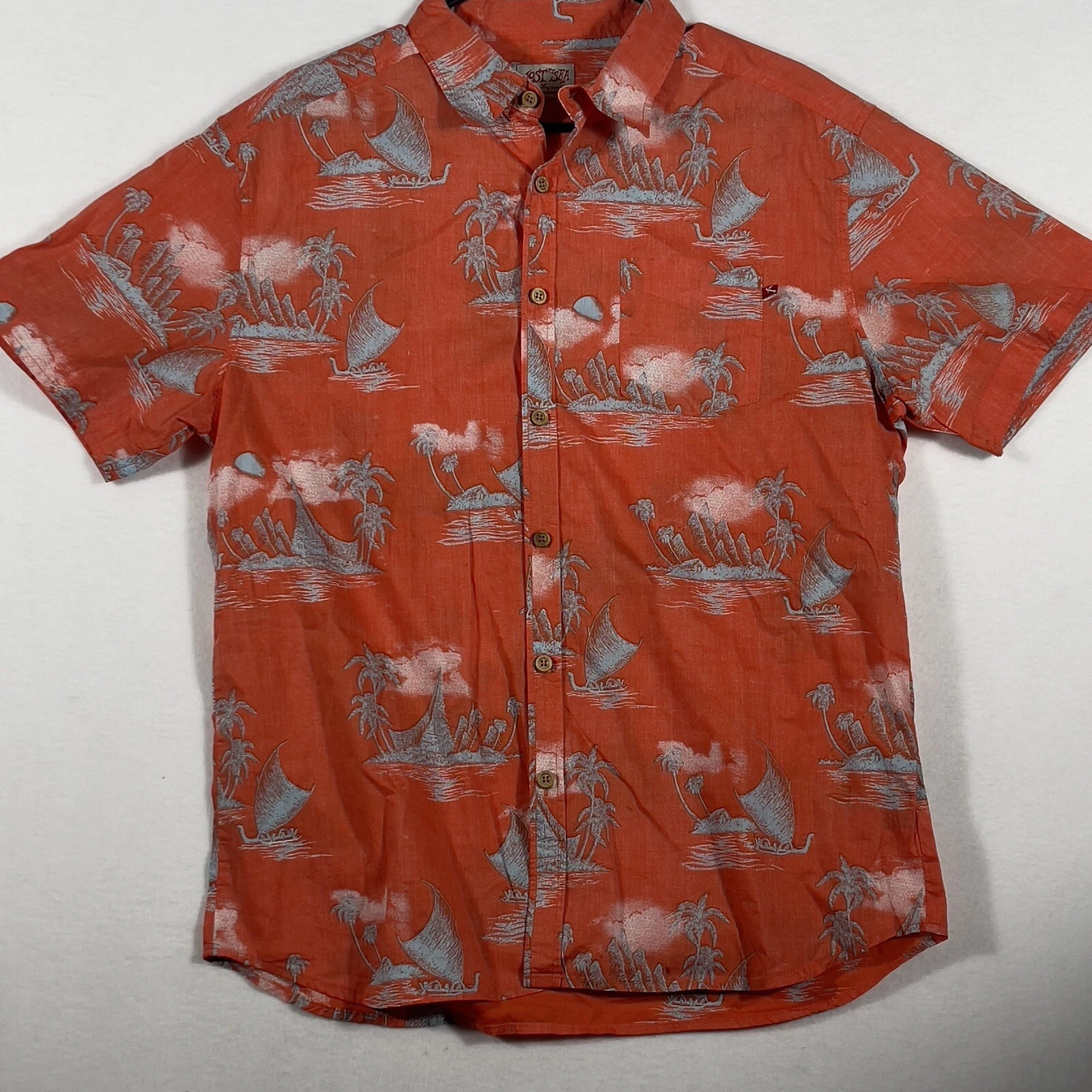 Lost at Sea Hawaiian Shirt Button Up Casual Men's Sz L Palm Trees.