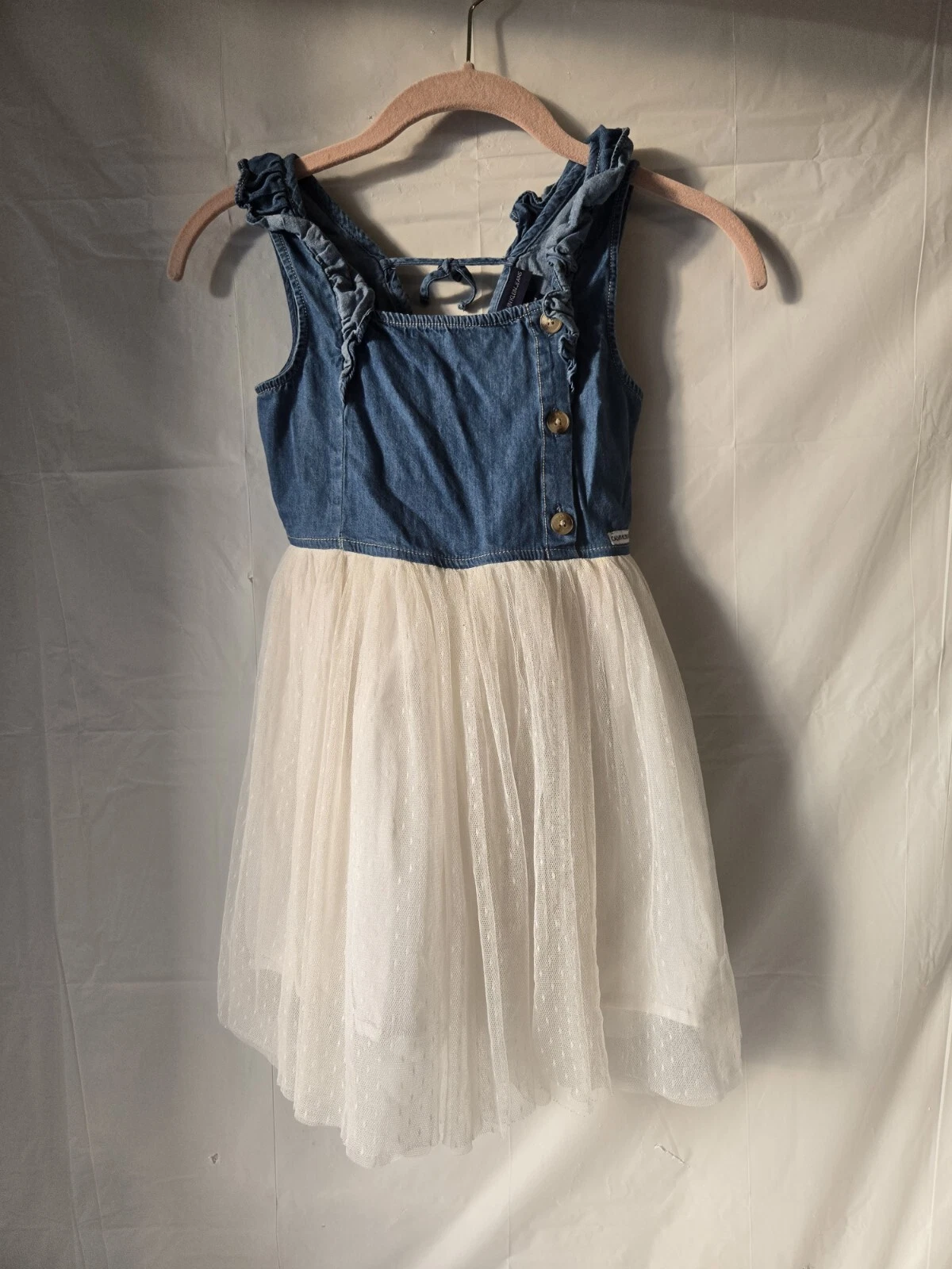 Calvin Klein Jeans - Blue Denim & White Tulle Sleeveless Dress Girls Size 7