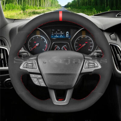 Black Suede Leather Steering Wheel Stitch on Wrap Cover For Ford Focus 2015-2018