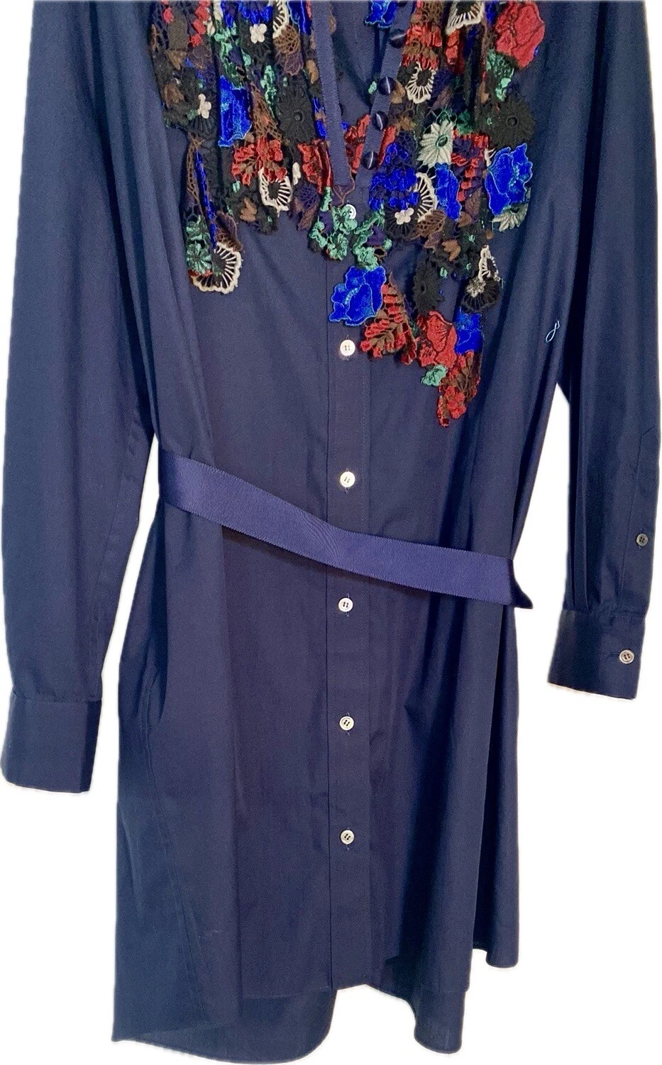 FAVOLOSO TOP TUNICA ABITO SACAI 3492 BLU CON RICAMO MULTICOLORE UNICO L