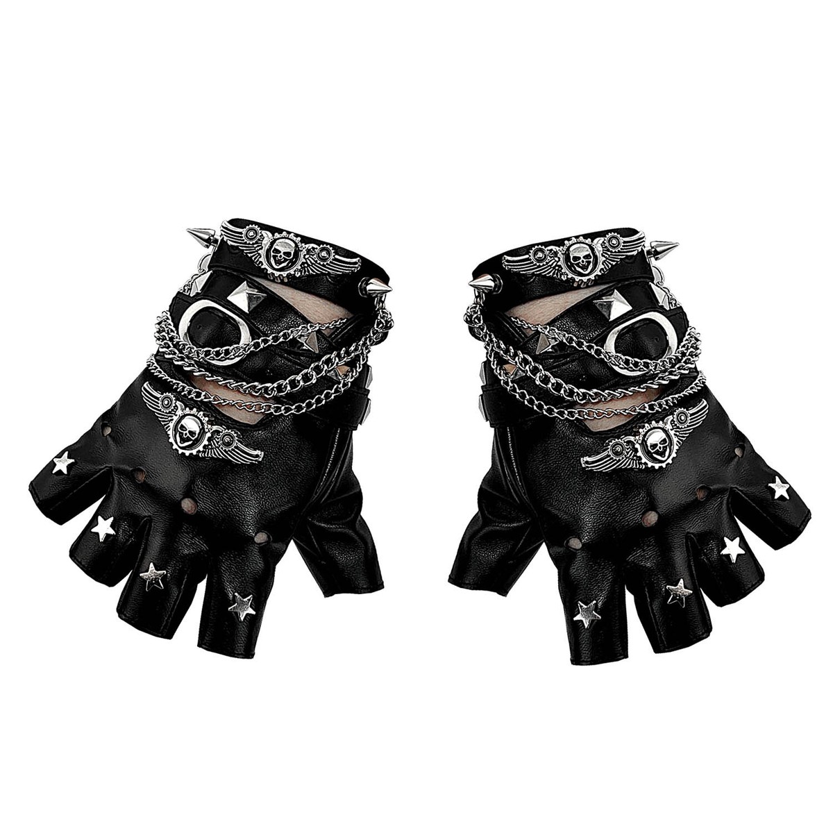 Women Stars Leather Gloves Punk Rock Wing Skull Fingerless