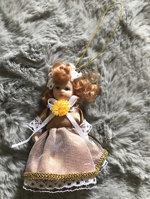 Ornament Porcelain Cute Doll Small 4  Curly Strwbry Blonde Hair Old Fashioned