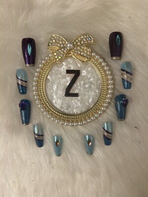 Z NAILZ! Gorgeous Set Of Handmade M Ballerina Blue/Purple Stripe Press On Nails