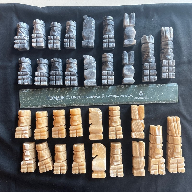 Hand Carved Mexican Marble Onyx Aztec Beige & Black/gray Chess Set Pieces