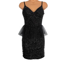 Womens Black Sequin Mini Dress Mesh Peplum Open Back Party Cocktail Y2K Goth