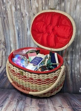 Vtg Woven Floral Wicker Sewing Basket 60s Boho Stuffed w/ Yarn & Knitting Stuff