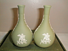 Wedgwood Vintage Jasper Ware Sage Green 5.25" 13cm Pair of Stem Bud Vases Superb
