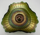 FENTON Green Carnival Glass "Stippled Rays" Tri-Cornered Sauce Bowl
