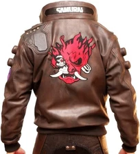 Men's Cyberpunk Samurai Cosplay Bomber Jacket in Black and Vintage Brown Color