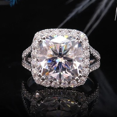 3.74 TCW Real Cushion Cut Moissanite Halo Engagement Ring 14K White Gold Plated