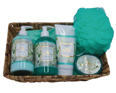 Essentials Gift Basket, White Lilac, Glycerine Hand Therapy 6 Oz, Silky Body Cre