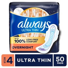 Ultra Thin Overnight Pads with Wings, Size 4, Overnight, 50 Count