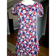 70s Vintage Mini Babydoll Dress Red White Blue Daisy Fit & Flare Stretch S-M