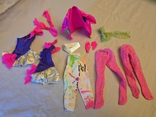 Vintage 1980s Barbie Neon Clothing Lot, 3 pants, 2 dresses, 1 jacket accys.