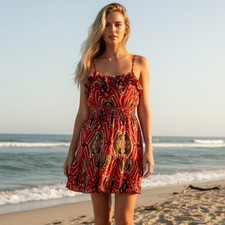 Red/ Orange Patterned Mini Dress with Spaghetti Straps