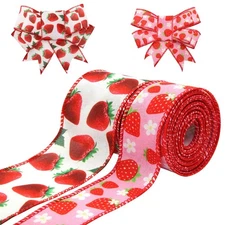 Strawberry Wired Ribbon 2 Rolls 10 Yards Red White Fruit Theme Fabric Wreaths