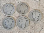 1910s Mercury Dimes Lot of 5, Circulated, 90% Silver