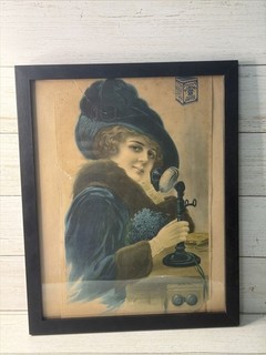 Antique Old Reliable Coffee Cardboard Advertising Sign Victorian Lady Phone Rare
