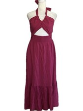 Express Women's Halter Tie-Back Magenta Linen Maxi Dress, Size M