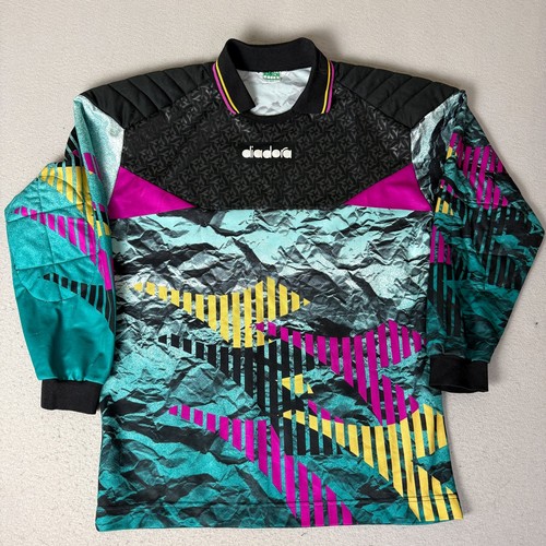 Diadora, Vintage 90s Diadora Goalkeeper Jersey XL Teal Pink Padded Long Sleeve Soccer