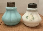 Victorian Hand Painted Milk Glass Salt Pepper Shaker Set Cottagecore