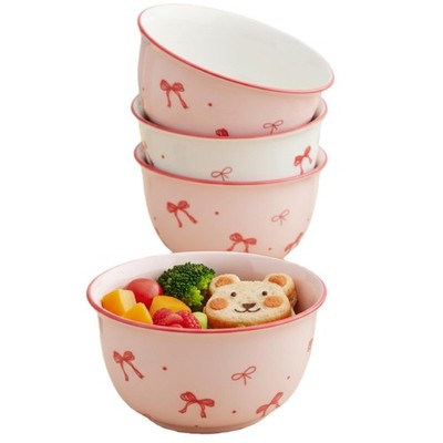 4 - Piece Pink Bow Ceramic Bowls Set - Underglaze Color Dinnerware Set for Ki...