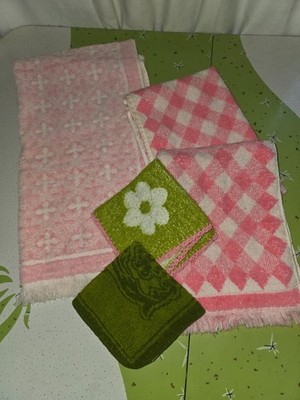 5 Vintage Fashion Manor JC Penneys Pink Green BATH HAND TOWELS & WASHCLOTHS