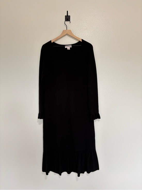 Rachel Parcel Ribbed Stretch Knit Ruffle Trim Sweater Midi Dress Black Large View 3