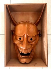 Wooden Hannya Mask Oni Hannya Demon Japanese Antique Wood Carving with Box JP 03