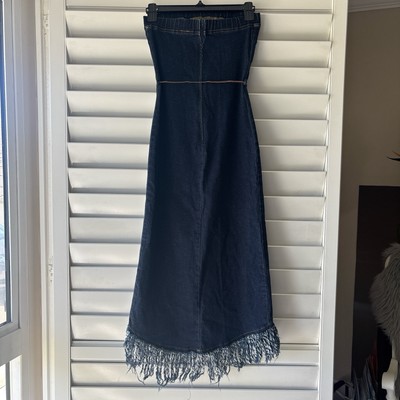 forever 21 strapless denim dress Vintage 90s Forever 21 Denim Western Strapless Fringe Hi Low Jean Dress  Size S