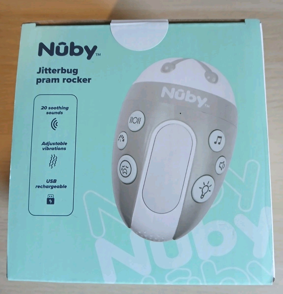 Nuby Jitterbug Pram Rocker 3 Vibration Levels, 20 Soothing Sounds Cry Sensor New