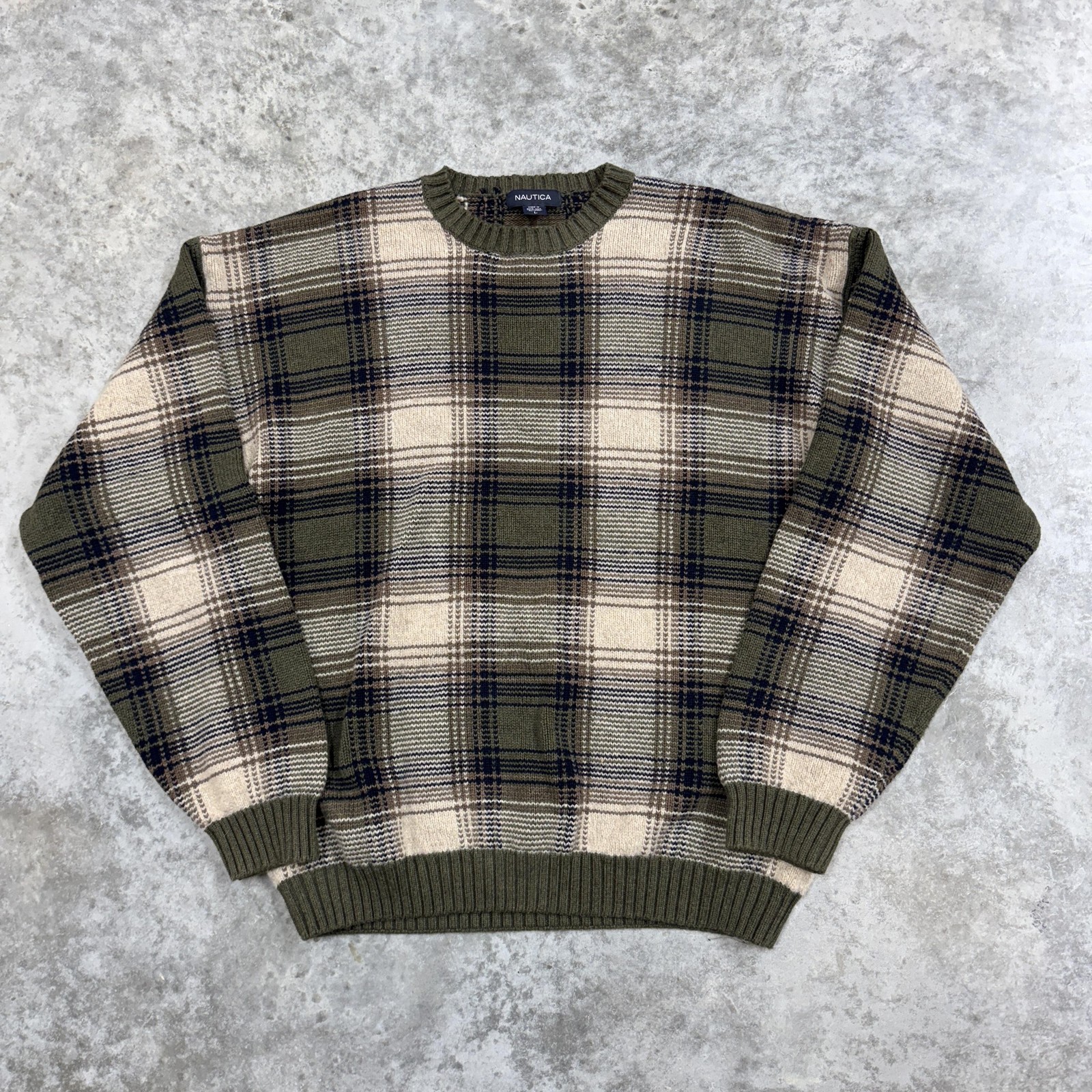 Nautica Sweater Mens Large Green Tan Plaid Crewneck Knit Pullover Cotton Blend