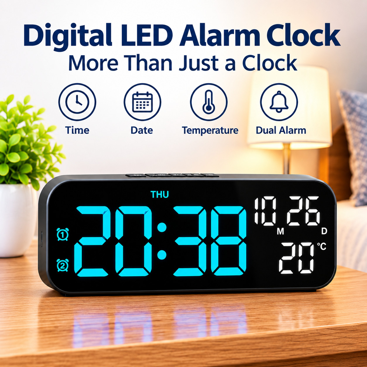 Digital LED Alarm Clock Desk Clock with Date Temperature Display Dual Alarm