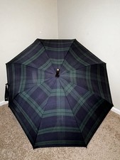 Vintage Polo Ralph Lauren Umbrella Wood Handle Tartan Green/Blue Plaid READ DESC
