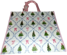 CHRISTMAS~Reusable Tote Bag ~ 20"X 8"X8" ~ POTTED CHRISTMAS TREES & PINK BOWS