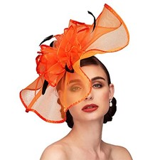 Fascinators Hat with Mesh Feather Hair Clip Tea Party for One Size Orange