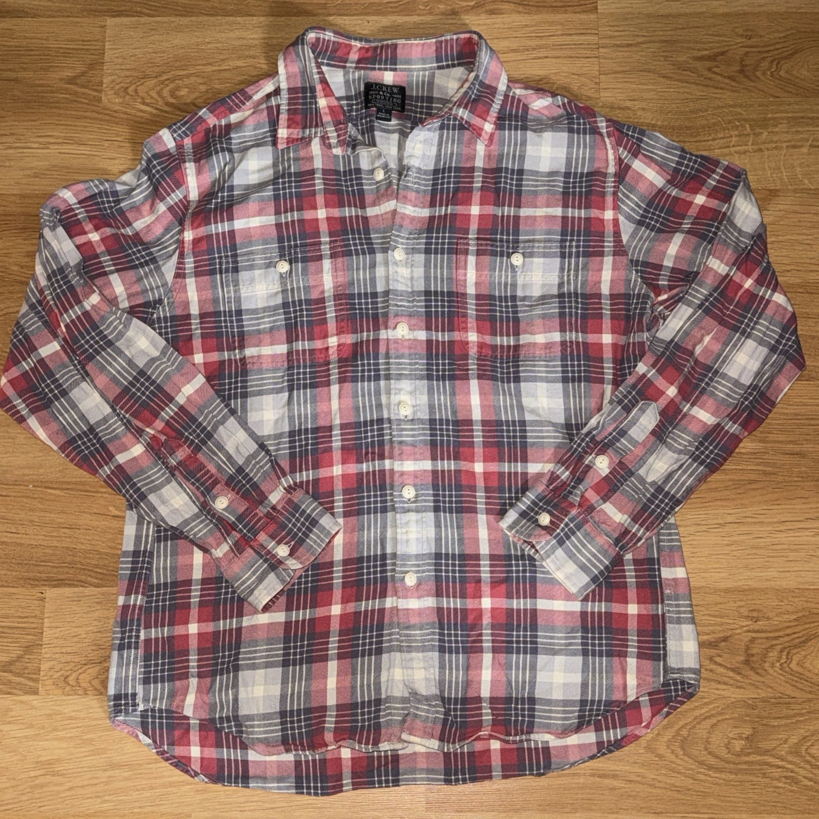 J Crew Sporting Goods Shirt Large Gray Red Pink Plaid Light Flannel Button
